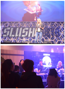 メインステージに立つcamarilla Founder&CEOのConstance Scholtenさん（写真上）がslush cafeで質問に答える（写真下）