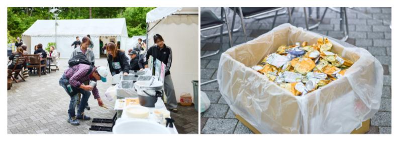 エコステーションでは、ゴミと資源10種類に分別。アルミ缶入れの前には「空き缶つぶし器」も設置され、参加者自ら資エネの実践体験を積極的に行っていた